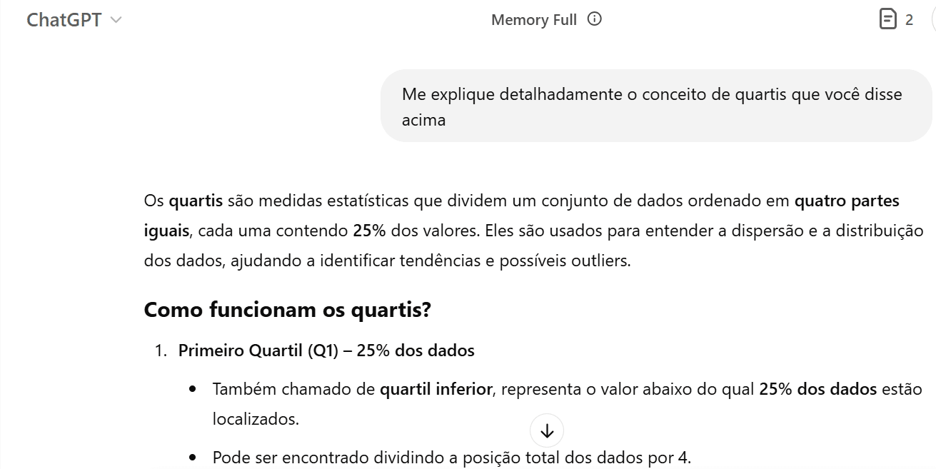 uma parte da resposta do chatgpt explicando o que são os quartis