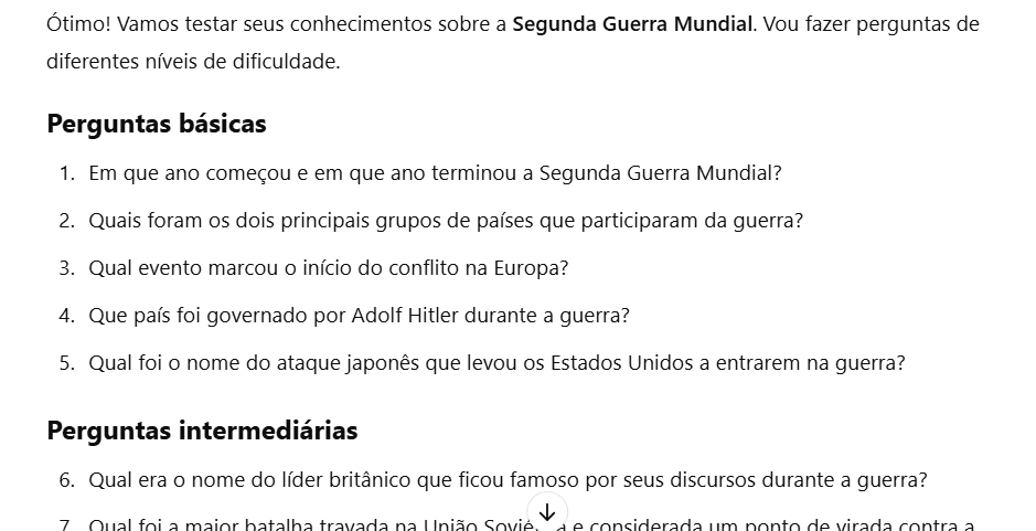 chatgpt agindo como um professor e fazendo perguntas sobre a segunda guerra mundial