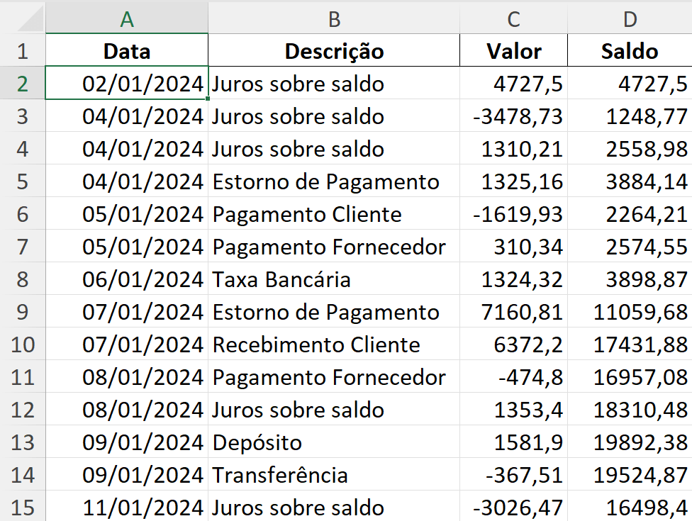 segunda planilha, com o extrato bancário