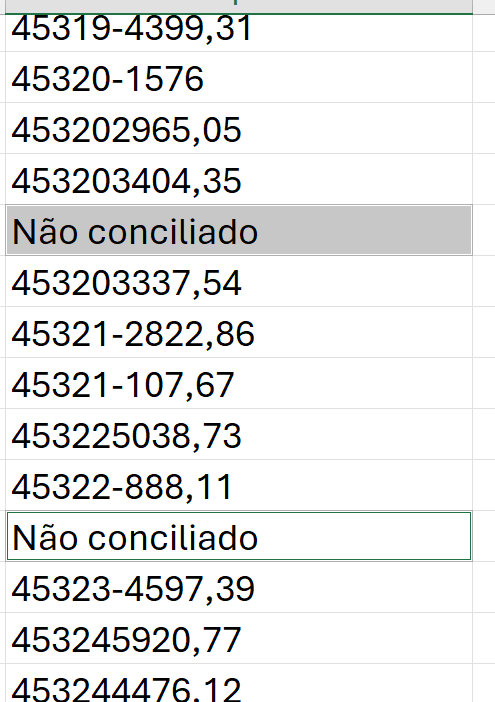 coluna mostrando alguma céclular com o texto "Não conciliado"