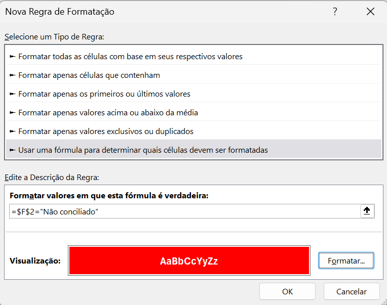 janela de diálogo para a formatação condicional