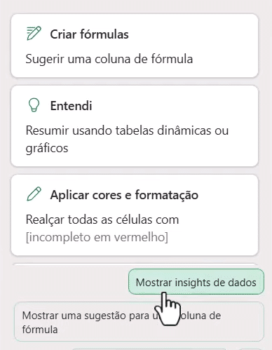 diálogo com copilot onde ele oferece mostrar insights de dados