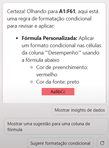Resposta do Copilot sugerindo uma formatação condicional