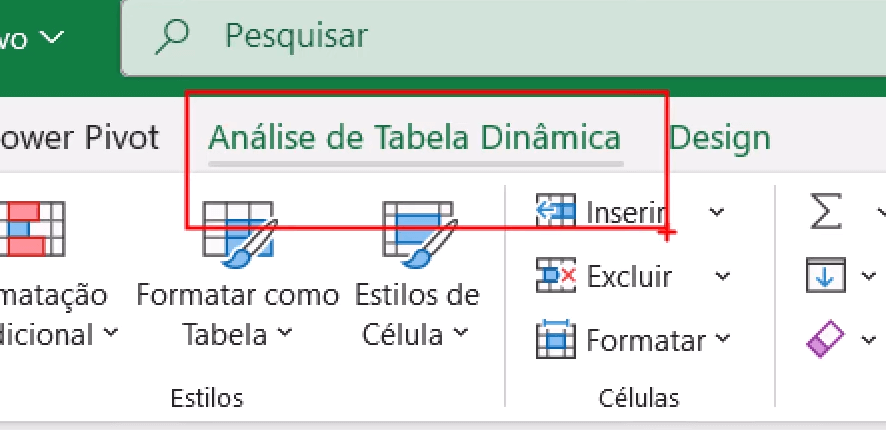 opção Análise de Tabela Dinâmica no menu do excel