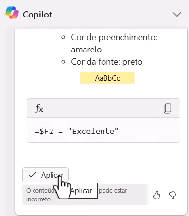 Sugestão do copilot para formatação condicional e o curso do mous em cima do botão Aplicar