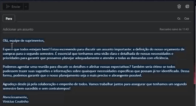 rascunho de email gerado pelo copilot