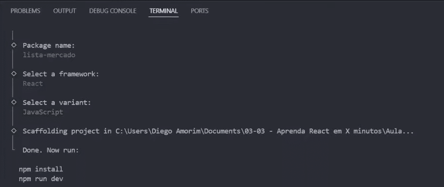 Configuração do vite escolhendo a linguagem e o framework