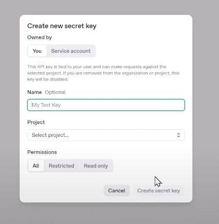 criando api key no site da openai