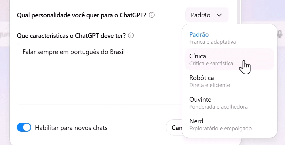 Uma captura de tela da seção de personalização do ChatGPT, mostrando as opções de personalidade