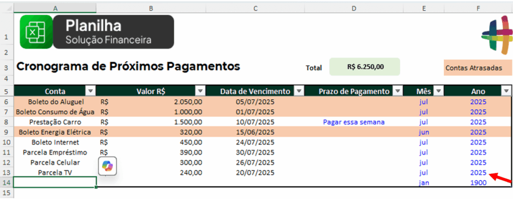 A aba Cronograma de Pagamentos mostra uma lista de contas com valores e datas de vencimento, permitindo visualizar quais devem ser pagas na semana atual ou já estão em atraso.