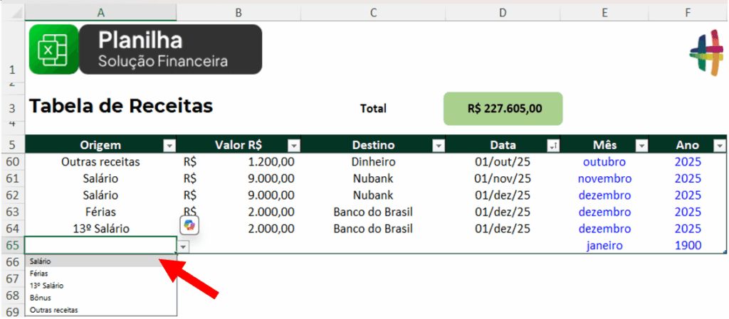 Validação de Dados com as opções cadastradas na aba de Cadastros