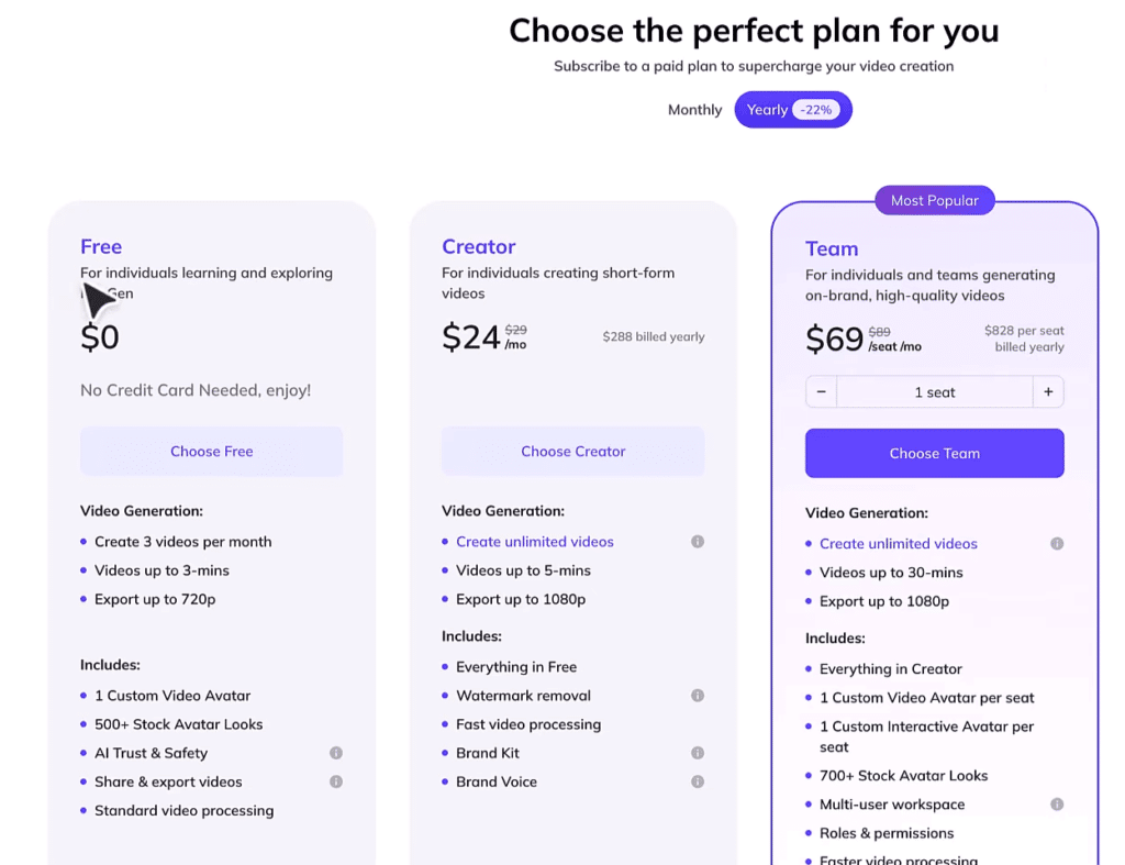 planos disponíveis na página de cadastro heygen