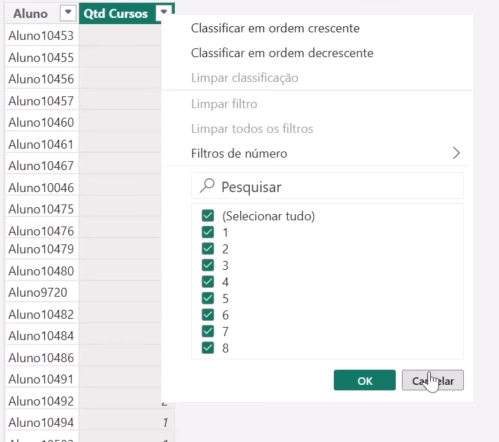 tabela Alunos com a coluna Quantidade Cursos por Aluno