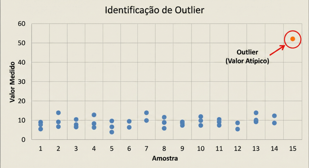 Gráfico ilustrando valores atípicos em uma análise exploratória de dados.