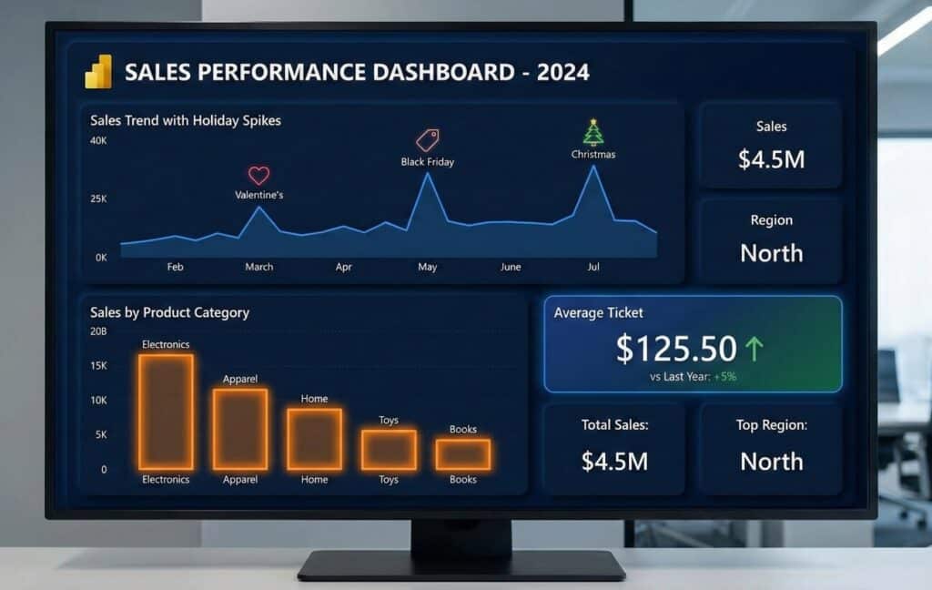Dashboard ilustrativo representando análise de vendas com gráficos e indicadores principais.