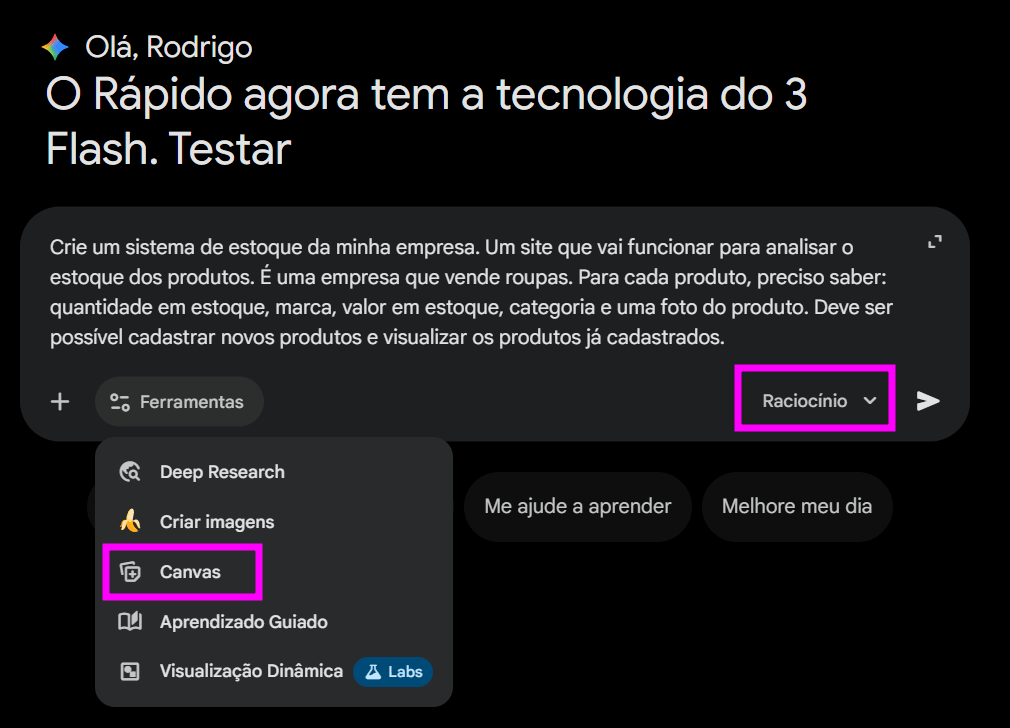 Captura de tela da interface do ChatGPT em modo escuro, mostrando uma mensagem de solicitação para criar um sistema de estoque de uma empresa de roupas. A opção “Raciocínio” está destacada, assim como o menu de ferramentas aberto com a opção “Canvas” em evidência
