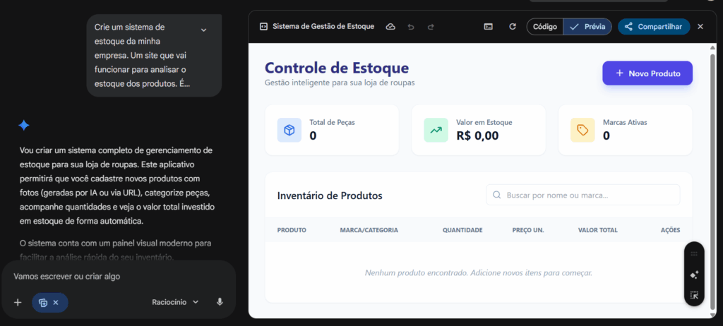 Captura de tela de um sistema web de gestão de estoque para loja de roupas, exibindo o painel “Controle de Estoque” com indicadores de total de peças, valor em estoque e marcas ativas. A interface mostra um botão “Novo Produto”, campo de busca e uma tabela de inventário vazia com a mensagem “Nenhum produto encontrado