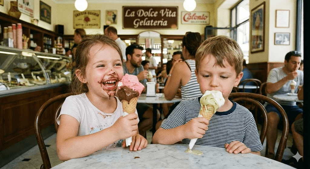 Duas crianças sentadas à mesa em uma sorveteria, cada uma segurando um sorvete na casquinha. A criança à esquerda sorri com o rosto sujo de chocolate, enquanto a da direita observa o sorvete que está comendo. Ao fundo, há clientes sentados e um balcão de gelatos