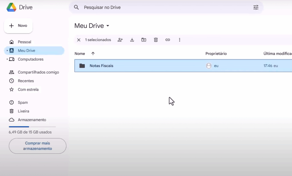 pasta com notas ficais no google drive