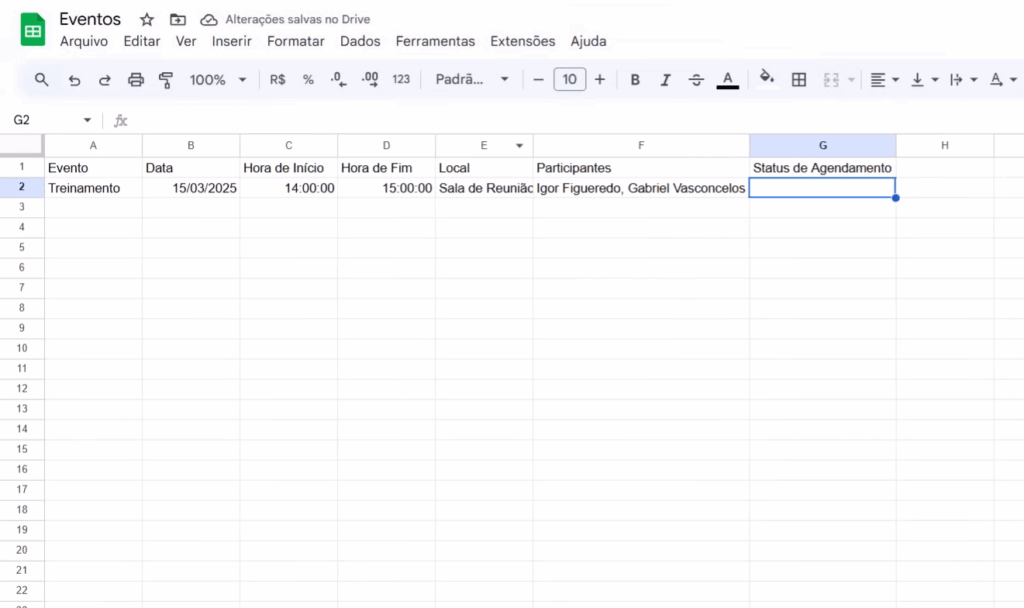 planilha “Eventos” no Google Sheets com uma linha preenchida e as colunas nomeadas