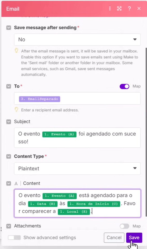 e-mail recebido com o texto personalizado