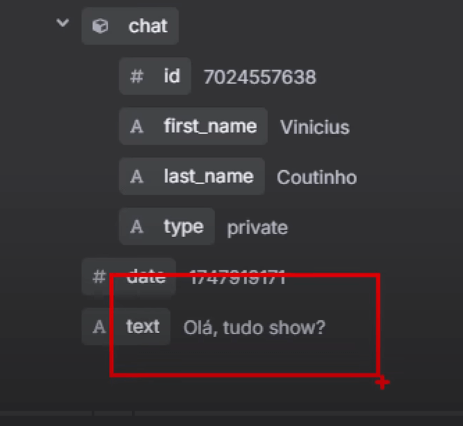 N8N mostrando o output do Telegram Trigger com a mensagem “Olá, tudo show?”