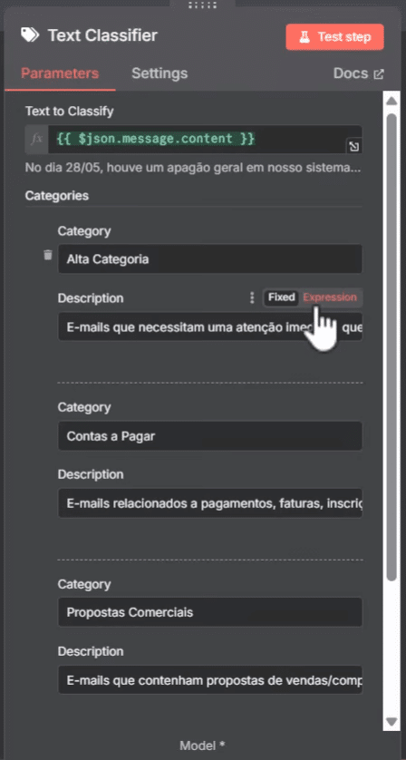módulo Text Classifier com as três categorias configuradas