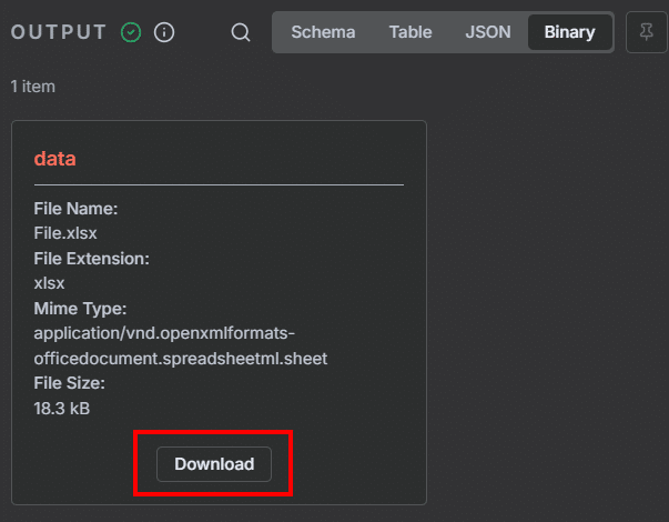 Tela de output dentro dos parâmetros do bloco convert to file. Há um arquivo convertido com nome data, informações sobre o arquivo e um botão de Download em destaque