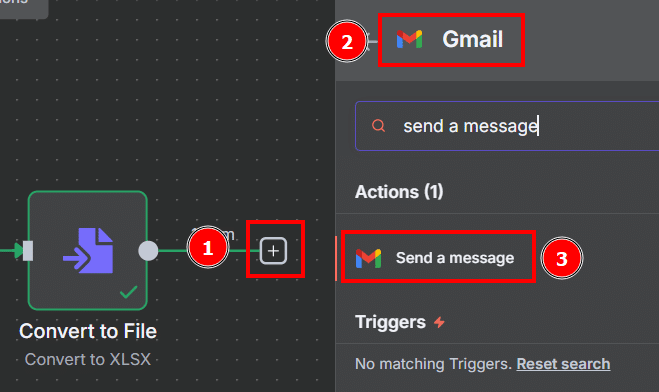 Tela do n8n com os passos para utilizar o bloco Send a message do Gmail