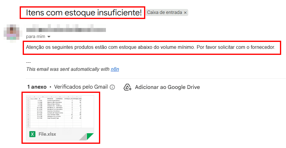 Tela do e-mail recebido através da automação com o assunto, mensagem e anexo formatados no bloco Send a message do Gmail no n8n