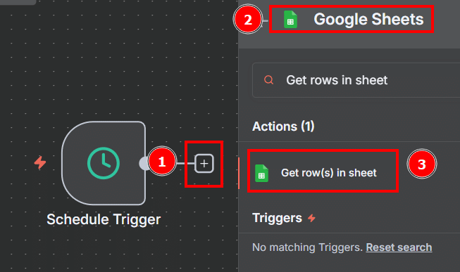 Tela do n8n com os passos para adicionar a ação de Get rows in sheet