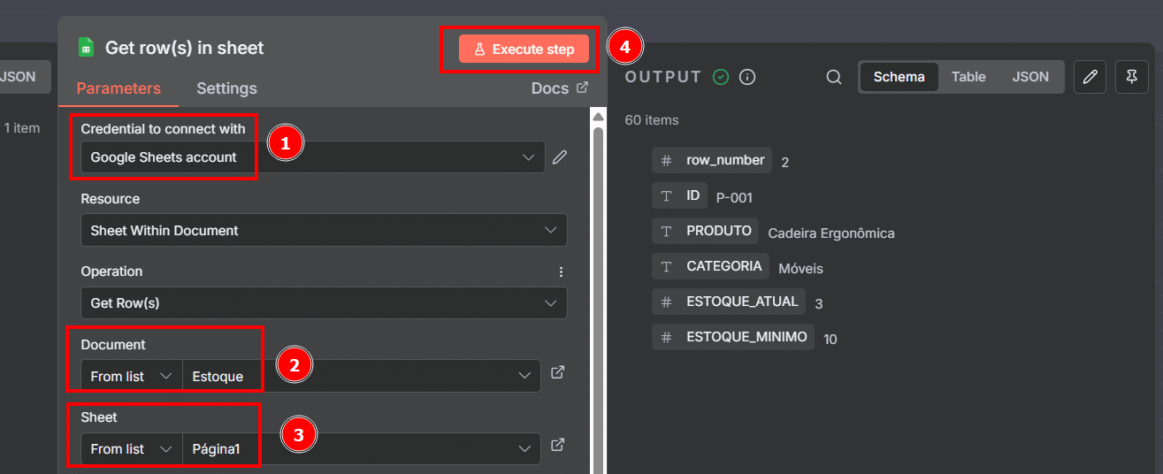 Tela dos parâmetros do bloco Get rows in sheet com destaque para os campos Credential to connect with, document, sheets e para o botão execute step