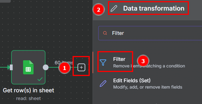 Tela do n8n com os passos para utilizar o bloco de filter