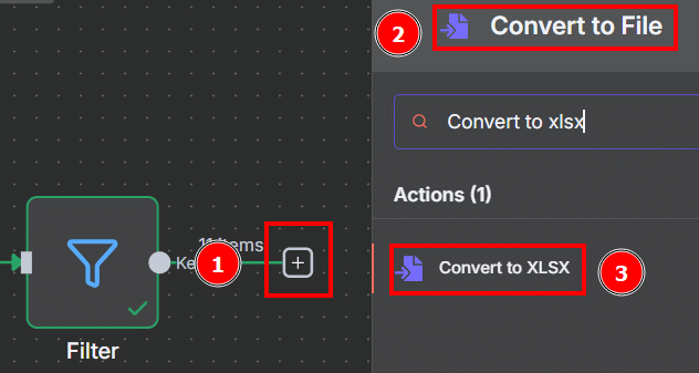 Tela do n8n com os passos para utilizar o bloco de convert to XLSX