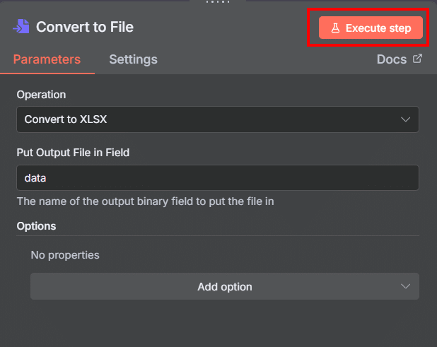 Tela dos parâmetros do bloco Convert to file com as configurações padrões e em destaque o botão execute step