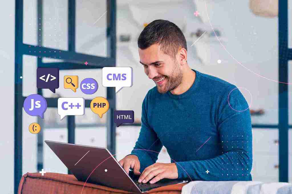Homem estudando programação no notebook com ícones de linguagens, representando o uso do LeetCode