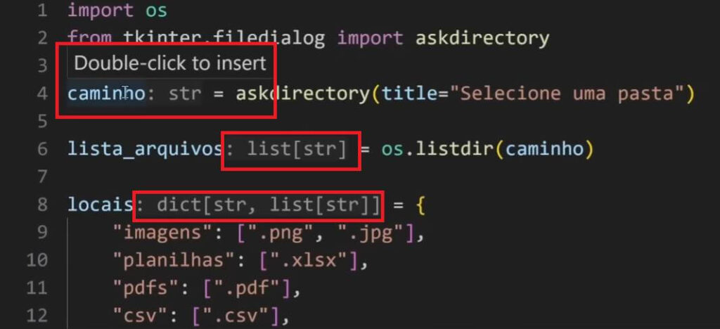 captura de tela do VSCode mostrando as sugestões de tipo do Pyrefly em um arquivo Python).