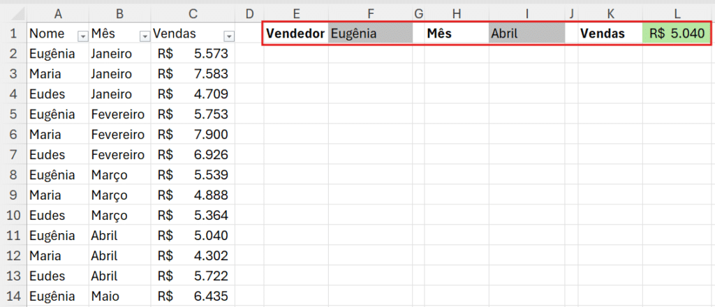 Print da planilha de vendas com listas suspensas ativas (Vendedor e Mês) e o resultado de vendas sendo exibido automaticamente pela fórmula PROCX com dois critérios
