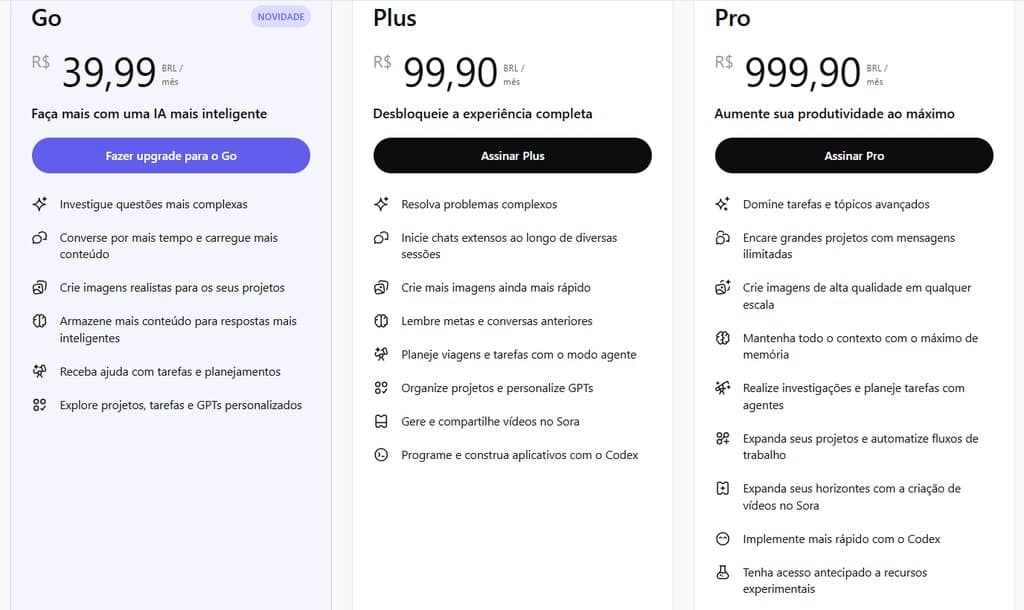 Aba de planos e preços do ChatGPT