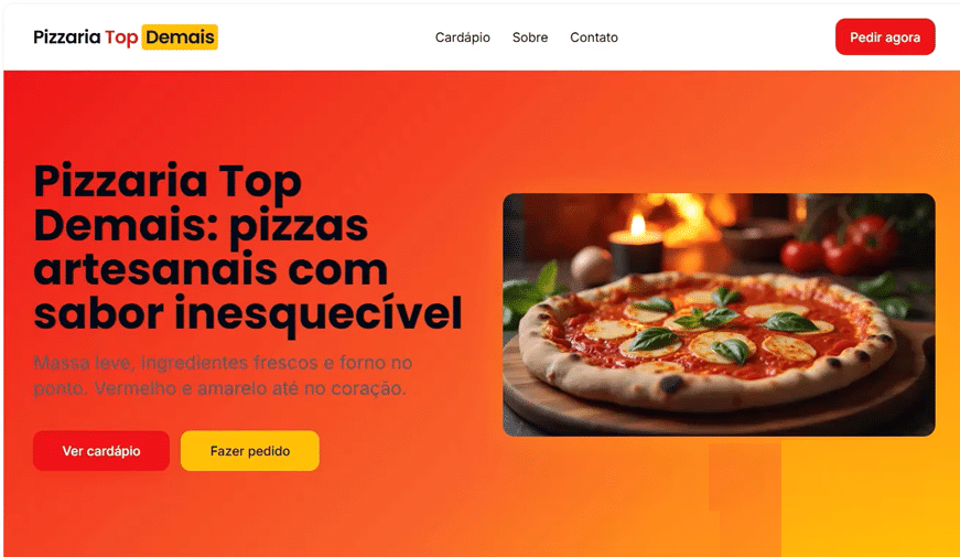 captura de tela da landing page gerada, destacando o menu de pizzas e os botões animados nas cores verde e azul.