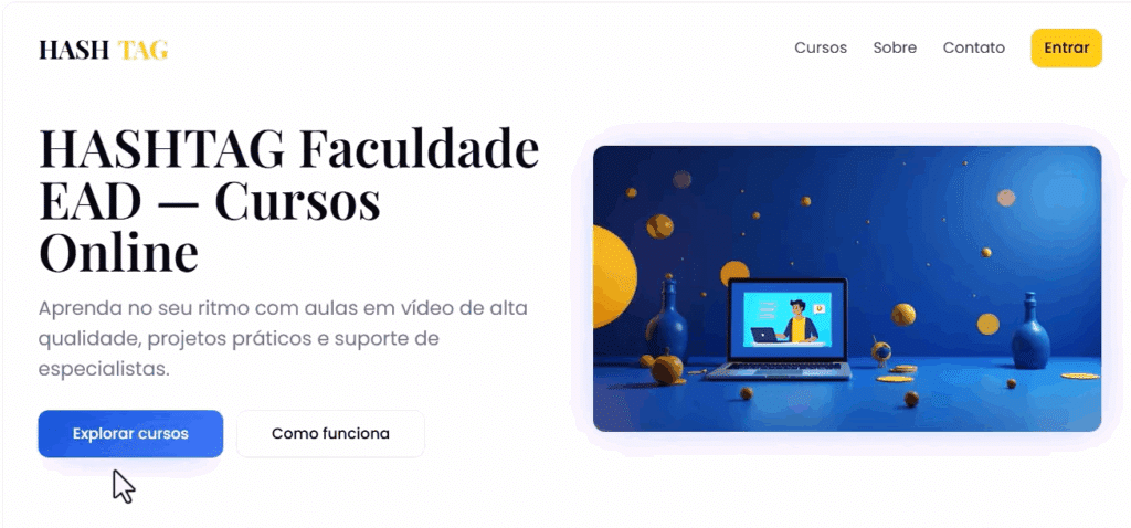 captura de tela do aplicativo EAD, mostrando o catálogo de cursos e o player de vídeo em modal.
