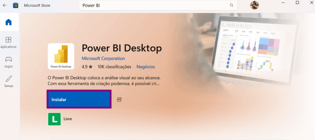 Página da Microsoft Store exibindo o Power BI Desktop, com botão “Instalar” em destaque e visualização de dashboards no banner de apresentação