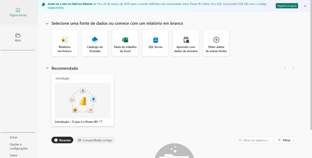 Tela inicial do Power BI Desktop mostrando opções para criar relatório em branco ou importar dados de diferentes fontes