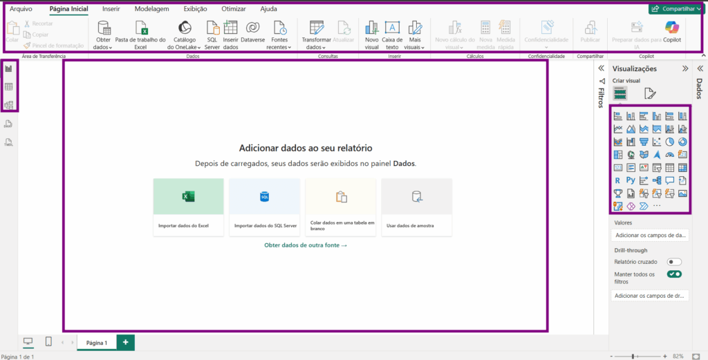 Interface principal do Power BI Desktop destacando a faixa de opções superior, o canvas do relatório ao centro, os ícones de navegação à esquerda e o painel de visualização à direita