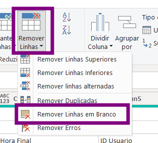Menu do Power Query no Excel com a opção “Remover Linhas” aberta, destacando a ação “Remover Linhas em Branco”, utilizada para excluir registros vazios de uma tabela durante a etapa de transformação de dados