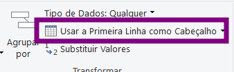 Barra de opções do Power Query no Excel destacando o comando “Usar a Primeira Linha como Cabeçalho”, utilizado para transformar a primeira linha da tabela em nomes de colunas