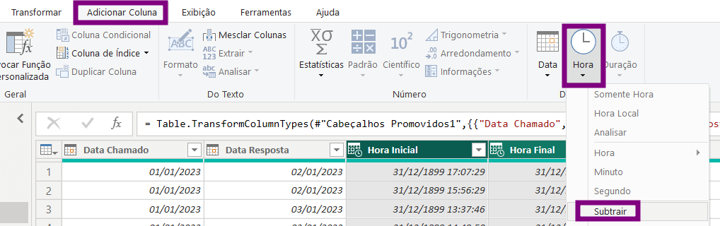 Interface do Power Query no Excel com a aba “Adicionar Coluna” selecionada, destacando o menu “Hora”, onde a opção “Subtrair” está disponível para criar uma nova coluna calculando a diferença entre horários, a partir das colunas Hora Inicial e Hora Final