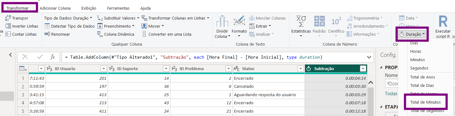 Tela do Power Query mostrando a criação da coluna “Subtração” com tipo de dados “Duração”, calculada pela diferença entre Hora Final e Hora Inicial. À direita, o menu de conversão de duração está aberto, com a opção “Total de Minutos” destacada