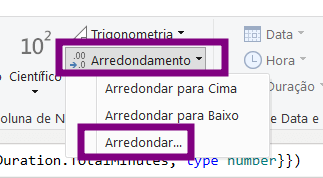 Menu do Power Query aberto na opção “Arredondamento”, exibindo as opções “Arredondar para Cima”, “Arredondar para Baixo” e “Arredondar…”, com a opção “Arredondar…” destacada