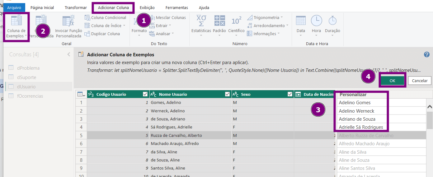 Tela do Power Query com a guia “Adicionar Coluna” selecionada, destacando a opção “Coluna de Exemplos”. A interface mostra a criação de uma nova coluna a partir de exemplos, com lista de nomes personalizados, etapas numeradas e o botão “OK” para confirmar a transformação